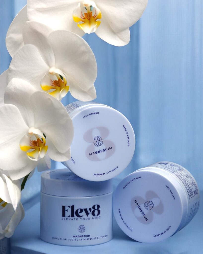 Complément alimentaire Elev8 au magnésium bisglycinate – formulation vegan, naturelle et made in Morocco pour lutter contre le stress et la fatigue.